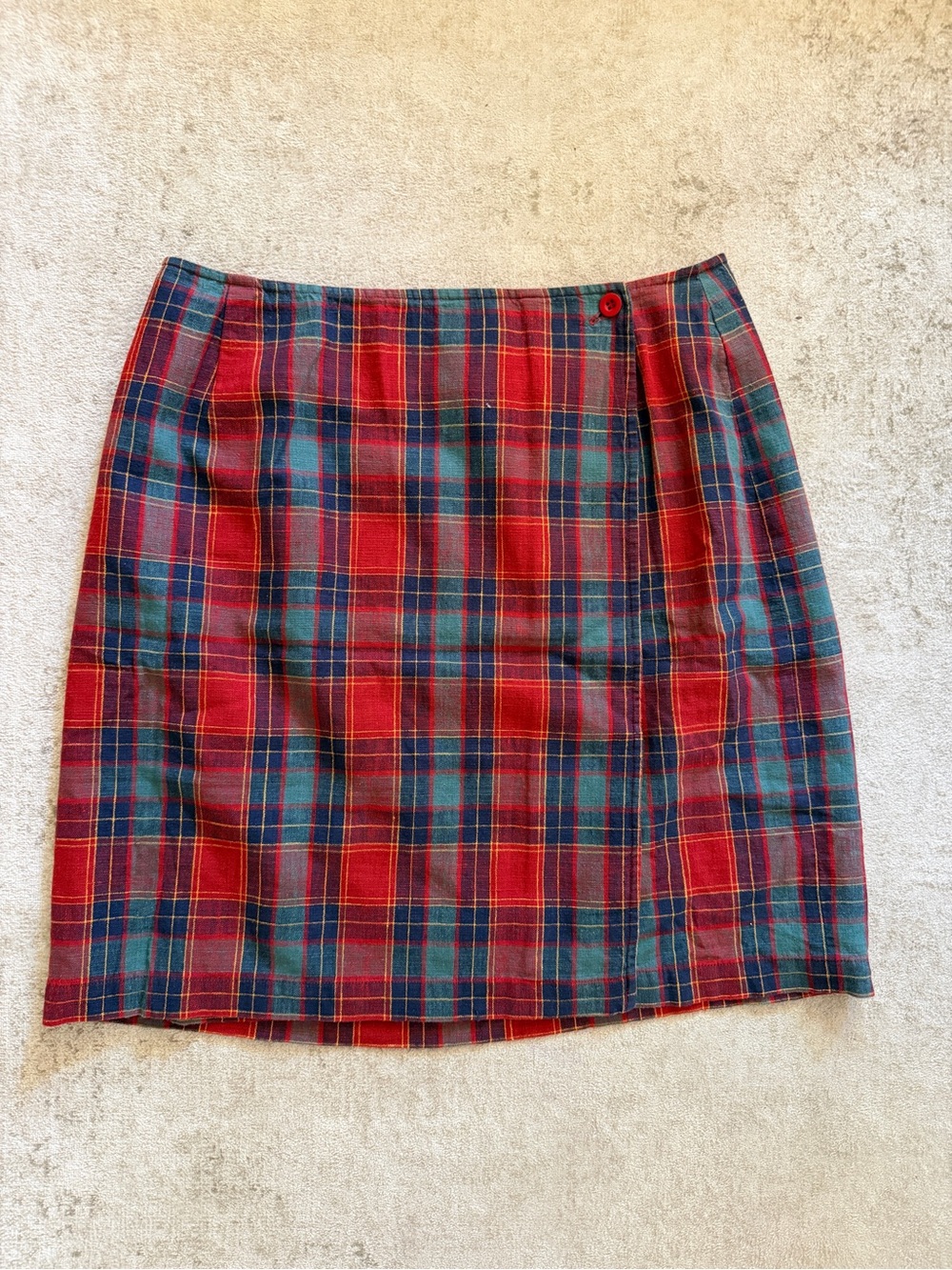 Chelsea Campbell Vintage Red Green Plaid Tartan Linen Cotton Wrap Skirt Sz 12p